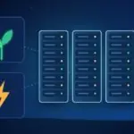 Illustration with data center server racks, a green sprout and a lightning bolt