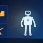 Illustration with a humanoid robot, stacks of coins and an industrial robot arm