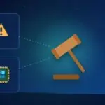 Illustration with a judge's gavel, a warning sign and a processor chip