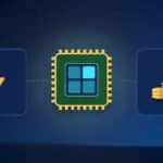 Illustration with a processor chip, a lightning bolt and stacks of coins