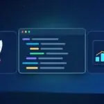 Illustration with a code editor, a rocket and a rising chart