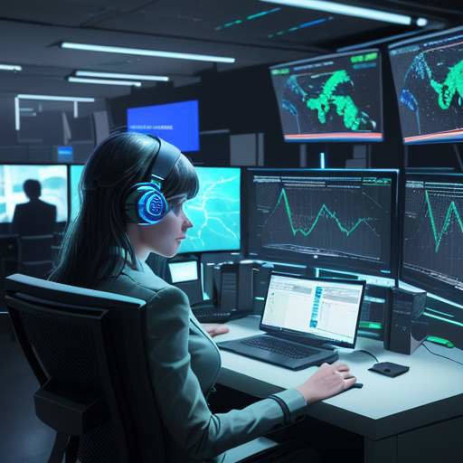A cybersecurity analyst monitors glowing holographic screens displaying network traffic and security alerts in a dimly lit, high-tech command center, emphasizing the critical need for autonomous systems during connectivity loss.