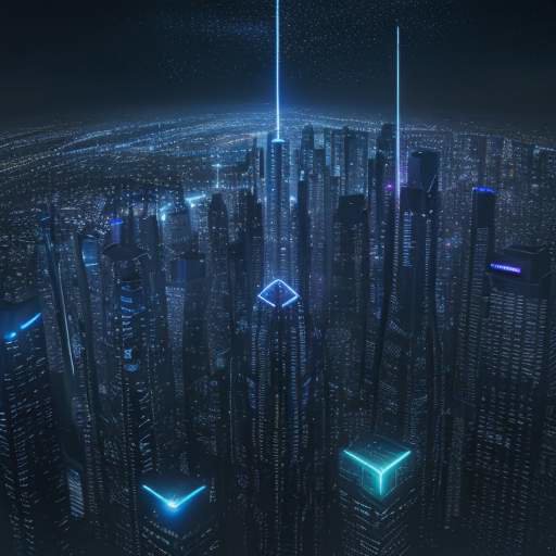 A futuristic night cityscape where sleek skyscrapers are guarded by glowing holographic shields against digital threats. Stars and subtle digital rain fill the sky, symbolizing a secure future internet with balanced warm and cool cinematic lighting.