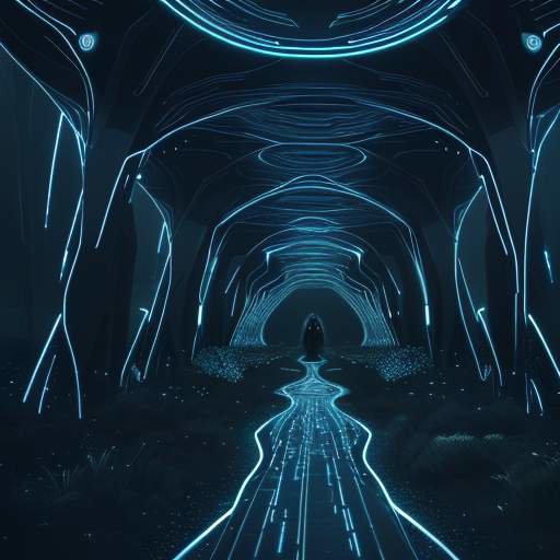 A glowing, futuristic pathway of data nodes leading into a vast, illuminated digital landscape, symbolizing the journey into advanced AI intelligence and infinite possibility.