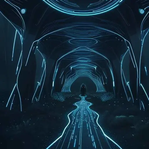A glowing, futuristic pathway of data nodes leading into a vast, illuminated digital landscape, symbolizing the journey into advanced AI intelligence and infinite possibility.
