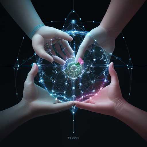 A hand gently guides glowing, abstract data streams, symbolizing human control and ethical governance over complex information networks in a futuristic setting.