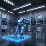A humanoid robot navigates a modern automated warehouse with cool blue lighting, highlighting precision engineering and efficiency alongside a human worker.