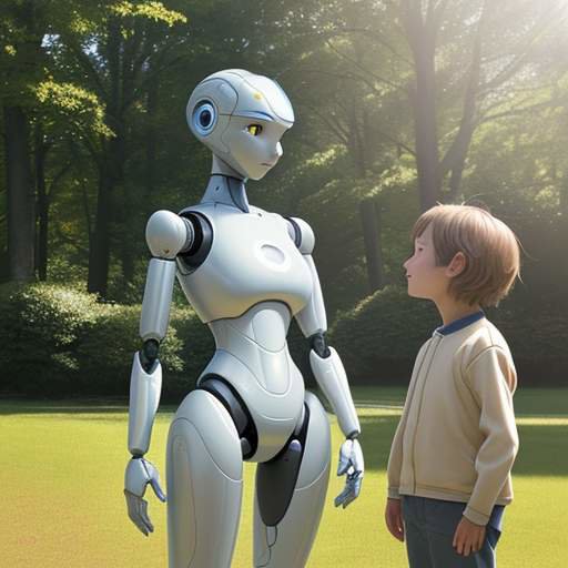 A humanoid robot with a gentle expression stands in a sunny park beside a child, symbolizing the ethical considerations of integrating advanced robotics into society.