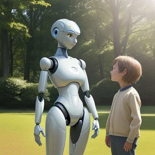 A humanoid robot with a gentle expression stands in a sunny park beside a child, symbolizing the ethical considerations of integrating advanced robotics into society.