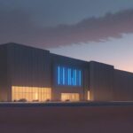 A massive, modern data center in a desert twilight, illuminated by cool blue emergency lights and warm sunset glow. A sleek dark drone hovers ominously near cooling towers, highlighting critical infrastructure security against asymmetric warfare t…