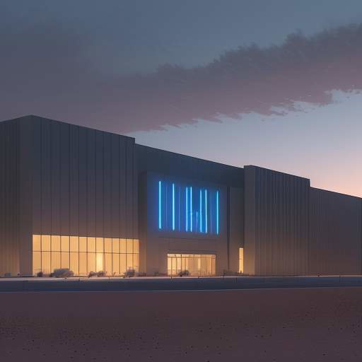 A massive, modern data center in a desert twilight, illuminated by cool blue emergency lights and warm sunset glow. A sleek dark drone hovers ominously near cooling towers, highlighting critical infrastructure security against asymmetric warfare t…