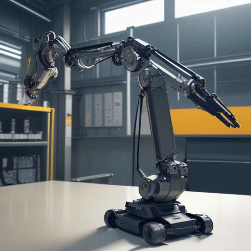 A robotic arm in a modern factory precisely handles a complex object, illustrating advanced dexterity and AI-driven industrial innovation.