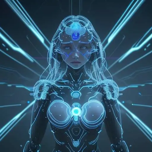 Abstract visualization of human thought merging with artificial intelligence, showing glowing neural networks interwoven with crystalline architectural blueprints in a futuristic setting.