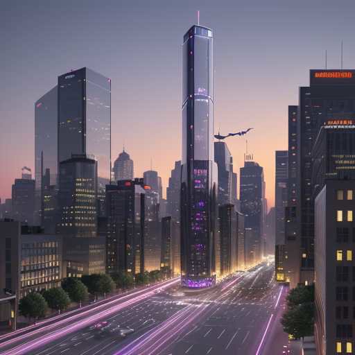 At dusk, sleek glass skyscrapers reflect twilight hues as numerous autonomous humanoid robots seamlessly assist pedestrians and manage traffic, illustrating a harmonious blend of humanity and automation in a futuristic city.