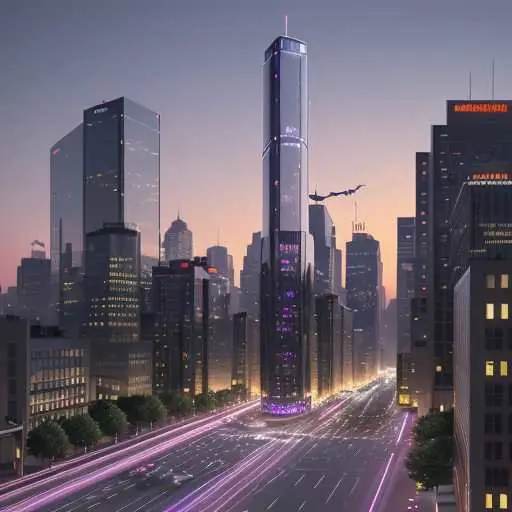 At dusk, sleek glass skyscrapers reflect twilight hues as numerous autonomous humanoid robots seamlessly assist pedestrians and manage traffic, illustrating a harmonious blend of humanity and automation in a futuristic city.
