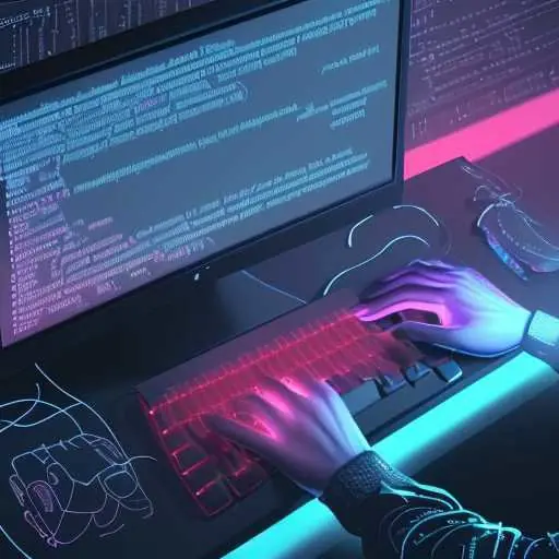 Close-up of hands coding on a backlit keyboard, with glowing data streams overlaying complex code, symbolizing AI assistance for developers.