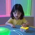 Conceptual diagram illustrating AI monitoring of a child's development through interactive toys and sensors, visualizing data collection for early intervention.