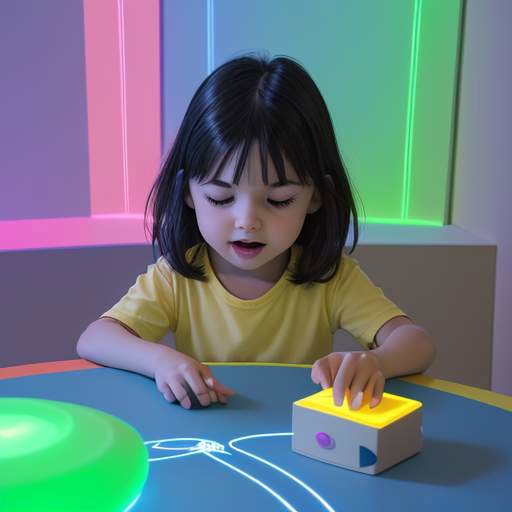 Conceptual diagram illustrating AI monitoring of a child's development through interactive toys and sensors, visualizing data collection for early intervention.