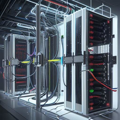 Cross-section view of a futuristic data center using immersion cooling, showing server racks submerged in liquid for high-efficiency thermal management.