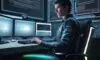 Developer interacting with holographic system diagrams at a futuristic workstation, symbolizing architectural validation over manual coding.
