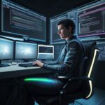 Developer interacting with holographic system diagrams at a futuristic workstation, symbolizing architectural validation over manual coding.