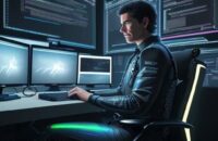 Developer interacting with holographic system diagrams at a futuristic workstation, symbolizing architectural validation over manual coding.