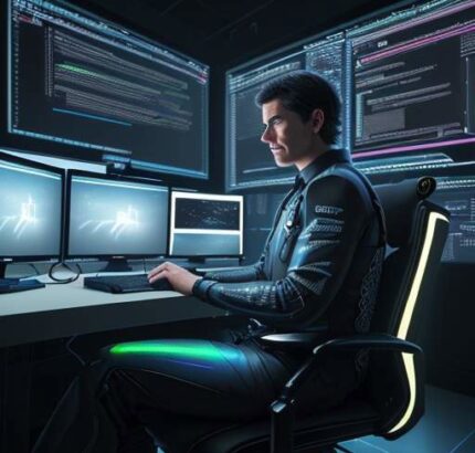Developer interacting with holographic system diagrams at a futuristic workstation, symbolizing architectural validation over manual coding.