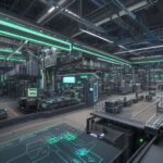 Diagram illustrating edge computing in a smart factory, showing decentralized AI processing units embedded in machinery communicating to a local hub.