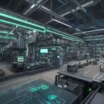 Diagram illustrating edge computing in a smart factory, showing decentralized AI processing units embedded in machinery communicating to a local hub.