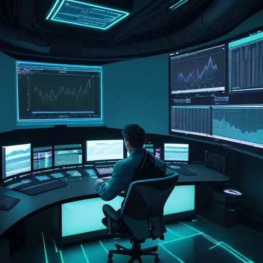 A person sits in a futuristic command center surrounded by several large screens displaying glowing blue data charts and complex graphs.