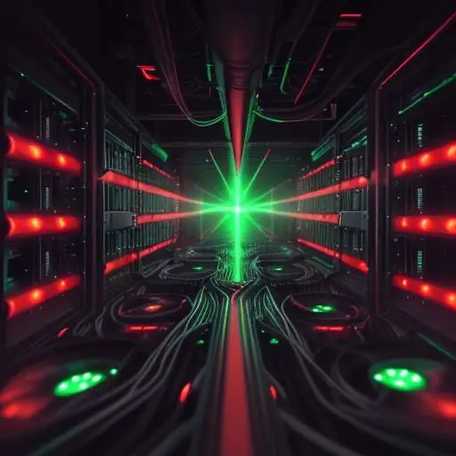 A futuristic digital illustration depicts a high-tech data center hallway where rows of server racks are illuminated by glowing red lights on both sides, converging at a central focal point that emits a vibrant green radiance.