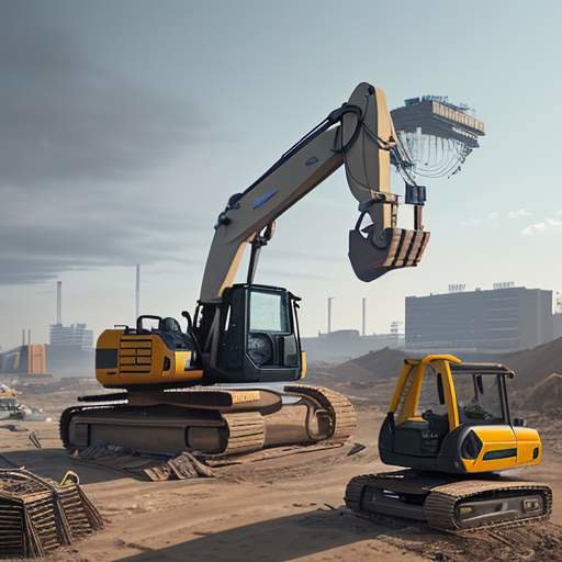 Futuristic, AI-managed construction site showing specialized robots working together with seamless efficiency and precision.