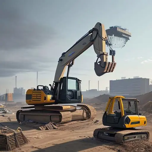 Futuristic, AI-managed construction site showing specialized robots working together with seamless efficiency and precision.