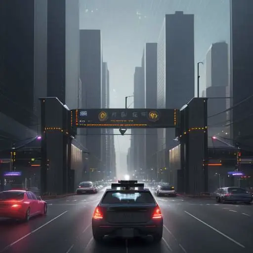 Futuristic autonomous vehicle navigating a complex city intersection, surrounded by holographic data streams illustrating real-time sensor processing.