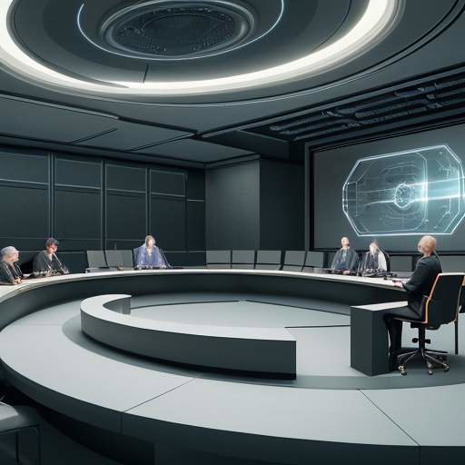 Futuristic courtroom scene showing industry, academia, and regulators discussing an AI model's holographic architecture, symbolizing policy debates.
