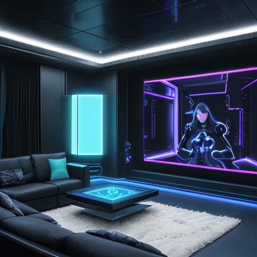 Futuristic living room with a holographic interface on a large screen, demonstrating seamless AI interaction through hand gestures and voice commands.