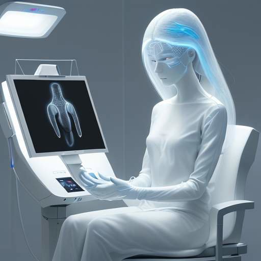 Futuristic, non-invasive health scan shows glowing blue and green overlays mapping internal biological data onto a person in a clean medical setting.