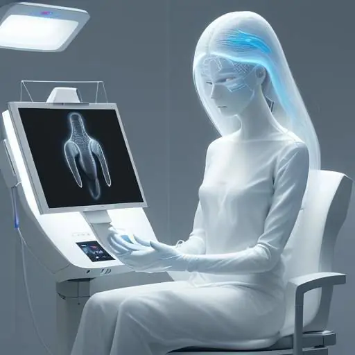 Futuristic, non-invasive health scan shows glowing blue and green overlays mapping internal biological data onto a person in a clean medical setting.
