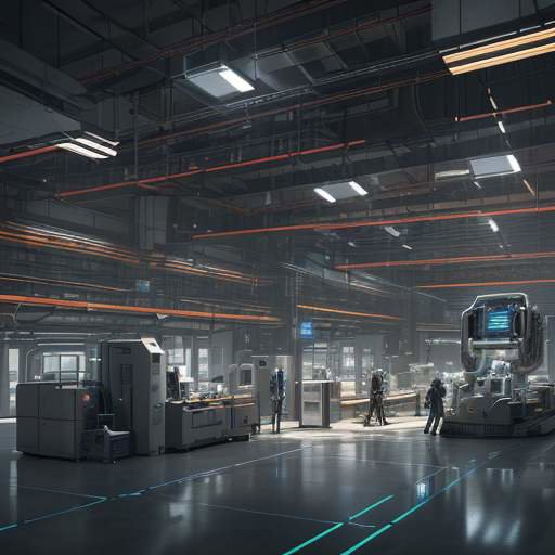 Futuristic smart factory floor showcasing seamless collaboration between human workers and advanced cobots, interconnected by glowing 6G data lines, symbolizing peak industrial efficiency.
