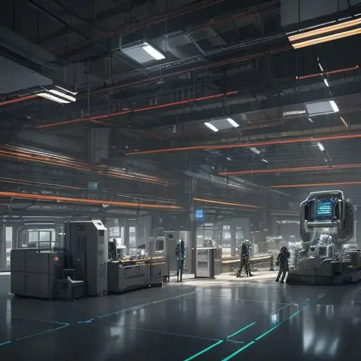 Futuristic smart factory floor showcasing seamless collaboration between human workers and advanced cobots, interconnected by glowing 6G data lines, symbolizing peak industrial efficiency.