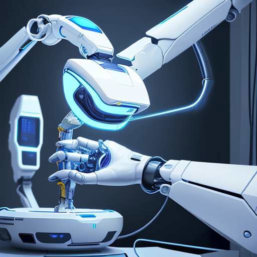 Futuristic surgeon uses AR smart glasses to guide a robotic arm, visualizing holographic body schematics for advanced, precise healthcare intervention.