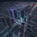 Futuristic visualization of a 6G network overlaying a dense, glowing cityscape at night, showing complex THz signal paths connecting buildings and smart devices.