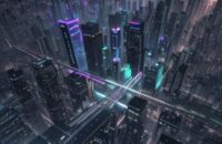 Futuristic visualization of a 6G network overlaying a dense, glowing cityscape at night, showing complex THz signal paths connecting buildings and smart devices.