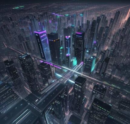 Futuristic visualization of a 6G network overlaying a dense, glowing cityscape at night, showing complex THz signal paths connecting buildings and smart devices.