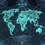 Glowing, complex network diagram illustrating interconnected global technology supply chains, highlighting dependencies between data, compute, and geopolitics.