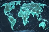 Glowing, complex network diagram illustrating interconnected global technology supply chains, highlighting dependencies between data, compute, and geopolitics.