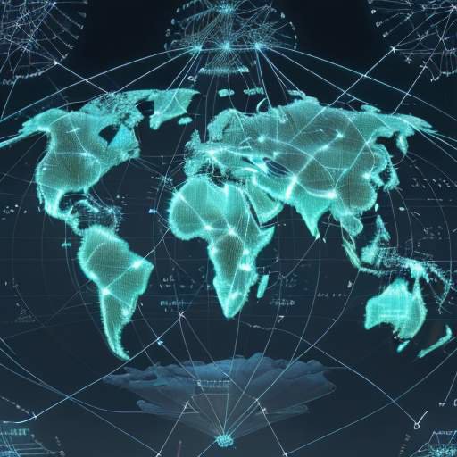 Glowing, complex network diagram illustrating interconnected global technology supply chains, highlighting dependencies between data, compute, and geopolitics.