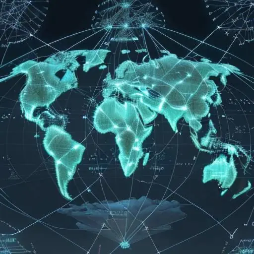 Glowing, complex network diagram illustrating interconnected global technology supply chains, highlighting dependencies between data, compute, and geopolitics.