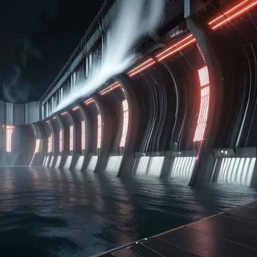 Glowing server racks contrast with a vast hydroelectric dam, illustrating the intersection of data center power needs and clean, renewable energy sources.