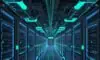High-angle view of a massive, futuristic data center with glowing blue and green supercomputers, symbolizing immense computational power and infrastructure scale.